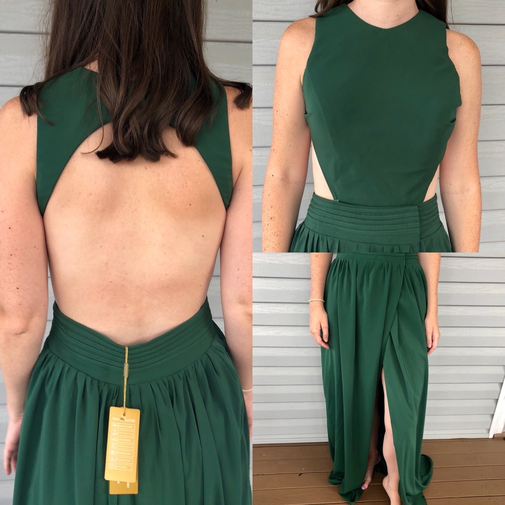 Green Pleated Backless Halter Gown